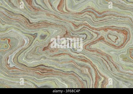 Swirling concentric texture of sage green and rust red onyx agate stone slab. Stock Photo