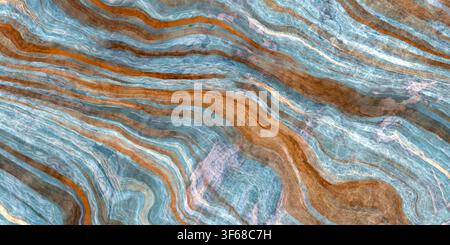 Abstract macro texture of blue and amber brown onyx marble with fluid mineral veins. Stock Photo