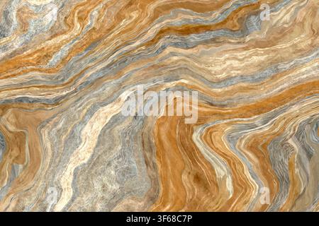 High resolution texture of golden brown and grey banded onyx marble stone with detailed veins. Stock Photo