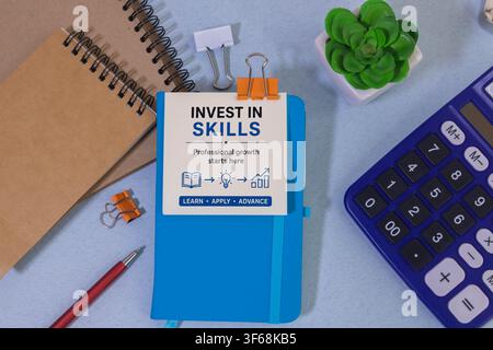 Invest in Skills Professional Development Concept with Office Supplies and Calculator Flat Lay Stock Photo