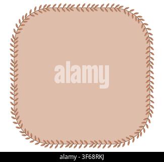 Brown laurel vine border outlines a taupe rounded square frame as minimal botanical wedding ornament isolated on white for invitation labels, menus or rustic stationery layout design projects. Stock Vector