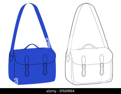 Satchel Cross-Body Bag messenger silhouette bag. Fashion accessory technical illustration. Vector satchel front 3-4 view for Men, women, unisex style, flat handbag CAD mockup sketch outline isolated Stock Vector