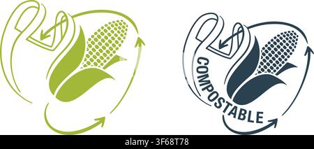 Compostable pack made from corn - biodegradable plastic packet from reusable marterial - eco friendly compostable production - environment Stock Vector