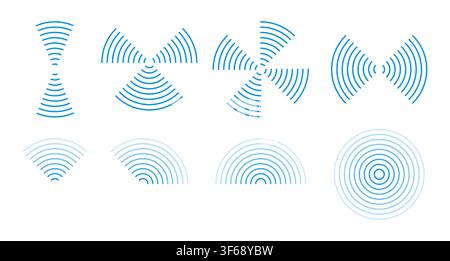 Sound waves and radar icons. Vector line ripples expand in circular motion deal for sonar detection, wireless signal, and acoustic technology designs Stock Vector