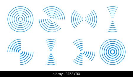 Vector rippling sound waves. Clean line radar icons for sensor interfaces, audio apps, and wireless technology graphics. Stock Vector
