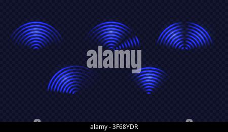 Sound waves effect with concentric line rings. Neon light radar icons creating dynamic sensor visualization Stock Vector