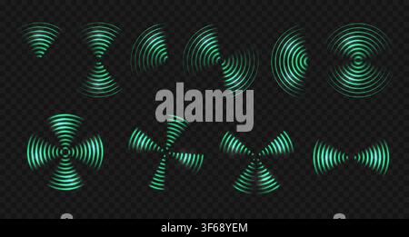 Sound waves and radar sensor icons. Green, neon light rings form rippling sonic pulse for modern tech design Stock Vector