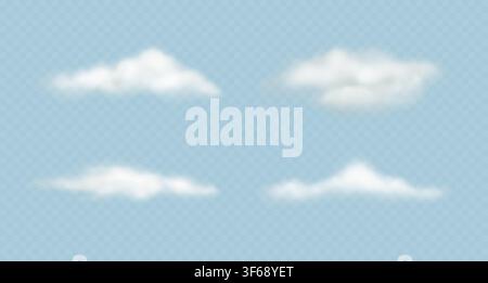 Fluffy white clouds on blue transparent background. Realistic sky elements with natural light effects. Ideal for weather graphics, nature scenes Stock Vector