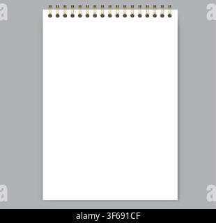 White blank notebook page shows unruled surface, top wire binding, and upright portrait format on light gray background. Suitable for schoolwork, planning, stationery layouts, notes and printable Stock Vector
