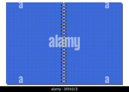 Pale Green engineering grid notebook page shows fine squared ruling, side wire binding, and wide landscape format on white background. Suitable for schoolwork, planning, stationery layouts, notes and Stock Vector
