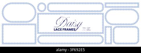 Periwinkle daisy eyelet lace frames form wide ellipse, circle, rectangles plus strip banner borders on white as vintage trim collection for wedding invitations or spring craft labels. Stock Vector