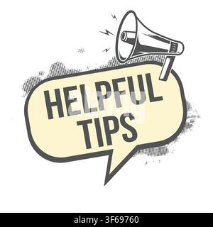 Helpful tips speech bubble element with retro megaphone and halftone texture, vector illustration Stock Vector