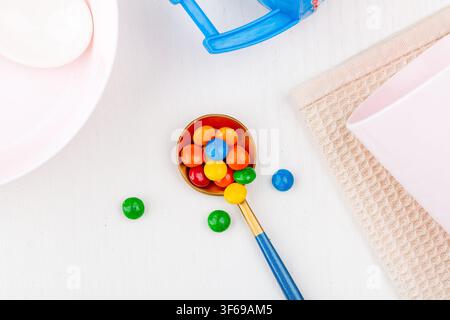 Colorful Candy Coated Chocolate Buttons Sweet Rainbow Confectionery Stock Photo
