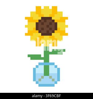 Pixel Art Sunflower in Glass Vase Retro 8 Bit Plant Illustration Stock Vector