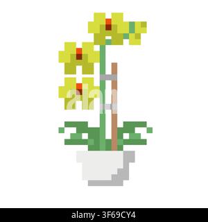 Pixel Art Orchid Plant in Pot Retro 8 Bit Floral Illustration Stock Vector