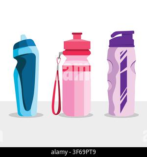 Flat style illustration featuring a collection of reusable sports water bottles with modern designs, ideal for fitness, hydration, gym, camping, and h Stock Vector