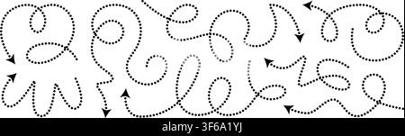 Squiggly dotted arrow, vector dashed curved line arow set. Rise and fall change plan, doodle shaped pointer map element. 3d dynamic curly direction Stock Vector