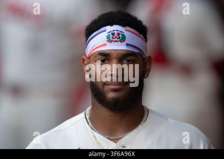 Anaheim, Calif., 27 July 2026. Los Angeles Angels starting pitcher Walbert Urena (57) at the Angels dugout during an MLB game between the Houston Astros and Los Angeles Angels at Angel Stadium in Anaheim, California Stock Photo
