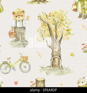 Watercolor seamless pattern with bear, tree, bicycle and autumn details on a linen texture. Hand painted woodland illustration for fabric, wallpaper, Stock Photo