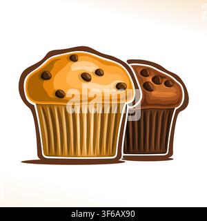 Vector logo for Muffins, poster with fresh baked goods for morning breakfast, illustration of 2 small yellow and brown muffins with chocolate chips on Stock Vector