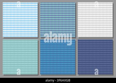 Vector Harlequin Seamless Patterns, set of 6 repeating textured backdrops for oktoberfest party, six square covers with white and blue oktoberfest orn Stock Vector