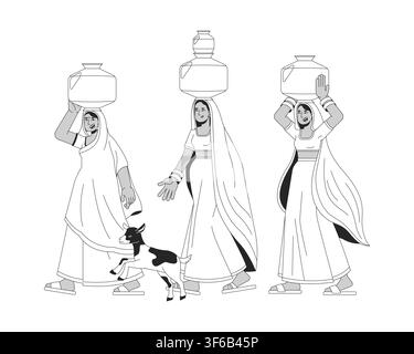 Indian village women carrying water pots on heads flat line illustration Stock Vector
