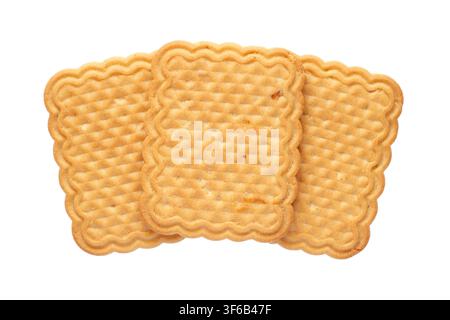 Three rectangular biscuits with wavy edges. Sweet baked snack food isolated on white background. Concept of bakery product and dessert ingredient. Stock Photo