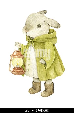 Watercolor bunny holding a lantern. Hand painted vintage rabbit character for fairy tale books, woodland stories, nursery illustrations, children's st Stock Photo