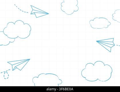 Back to school background with paper airplanes which fly through doodle clouds on a grid. Stock Vector
