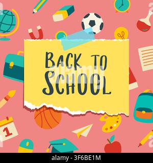 Back to school background with torn yellow paper note and colorful education supplies. Stock Vector