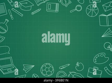 Back to school green chalkboard background with educational supplies frame and copy space. Stock Vector