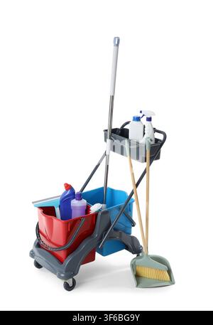 Professional cleaning cart with mop, buckets, broom, dustpan, and various cleaning supplies isolated on white background Stock Photo