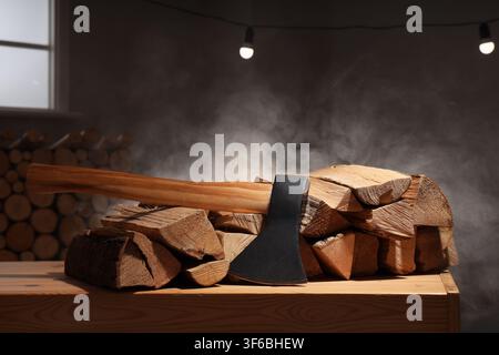 Sharp ax with firewood and smoke on table in dark carpenters workshop Stock Photo