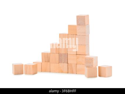 Wooden building blocks arranged in a rising staircase graph on a clean white background, growth and development Stock Photo