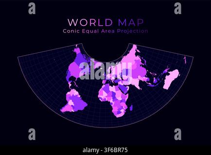 World map in Albers conic equal-area projection. Digital illustration with bright pink neon colors on a dark background. Radiant vector artwork. Stock Vector