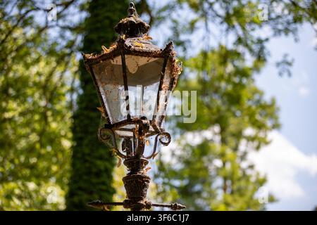 Close-up of an old vintage street lantern covered with cobwebs and dry leaves in a public park. Stock Photo