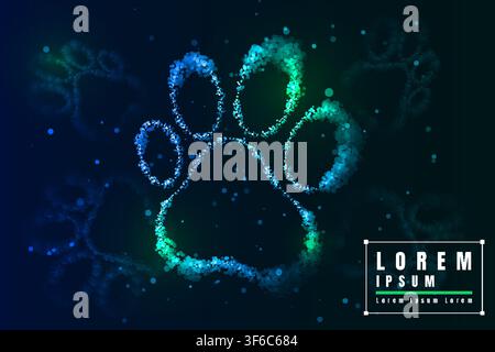 Glowing paw print made of luminous particles representing pet technology, veterinary care, animal health, digital innovation, artificial intelligence Stock Vector
