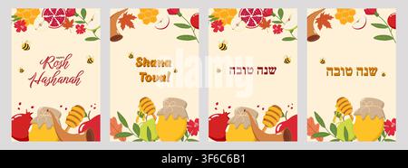 Four Rosh Hashanah greeting cards with honey jars, apples, pomegranates, bees, shofars, and flowers on beige backgrounds, featuring Happy Rosh Stock Vector