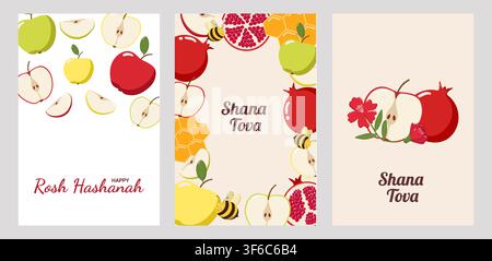 Three Rosh Hashanah greeting cards with apples, pomegranates, honeycombs, and bees, featuring Happy Rosh Hashanah Stock Vector