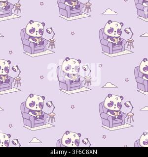 Seamless Pattern with Cute Kawaii Panda Sitting in Armchair with Book Bear Funny Cartoon Cozy Reading Character on Purple Background. Vector Illustrat Stock Vector