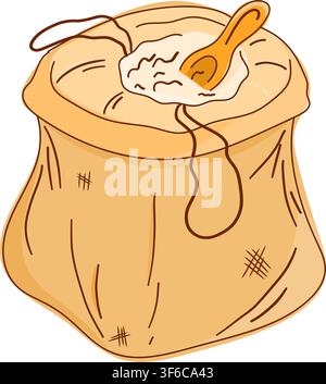 Flour bag clipart with wooden scoop and wheat flour for homemade pasta making, baking recipes, cooking tutorials, food packaging. Stock Vector