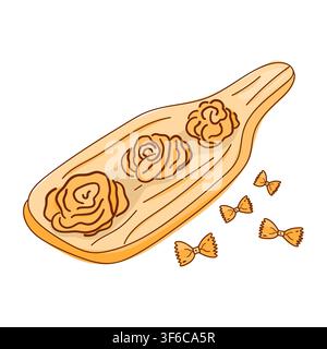 Pasta clipart on a wooden serving board with farfalle pasta for Italian recipes, restaurant menus, cooking blogs. Stock Vector