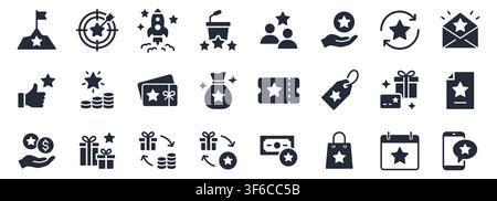 Bonus glyph icon set. Benefit gift, exclusive reward, star VIP award, ticket minimal vector illustrations. Simple silhouette signs, loyalty premium Stock Vector