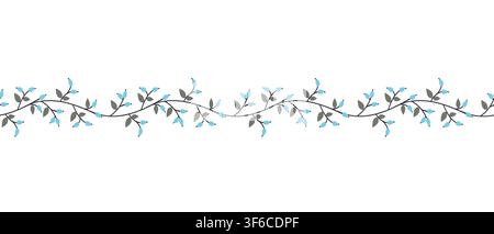 Winter horizontal border for holiday decor with small blue berries and grey leaves on a seamless branch, vector illustration. Vector illustration Stock Vector