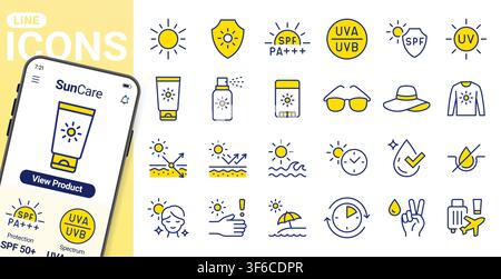 Sun protection line icon set. Sunscreen spray, UV light, summer travel, sunblock cream, chemical filter linear minimal vector illustration. Simple Stock Vector