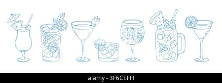 Hand drawn collection of drink. Blue line art for greeting cards, wedding invites, posters, branding, logo design, backgrounds. Stock Vector