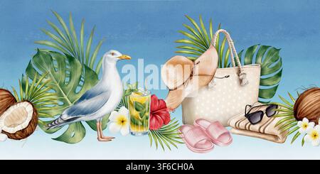 Beach vacation seamless border drawn in watercolor style with tropical plants, summer accessories, flowers and marine elements, repeating design for t Stock Photo