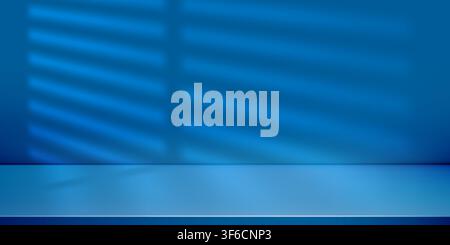 Blue studio background with horizontal louver shadow gradient on wall. Dark abstract room with navy office backdrop. Limbo 3d for tech product Stock Vector