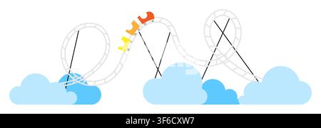 Cartoon train with carts and carriages rides above the clouds on the rails of a roller coaster in an amusement park. Simple cartoon vector isolated on Stock Vector