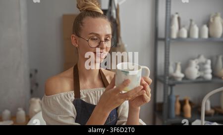Woman holds a painted ceramic mug and studies its glaze and rim while smiling in studio; handmade craft serenity. Stock Photo